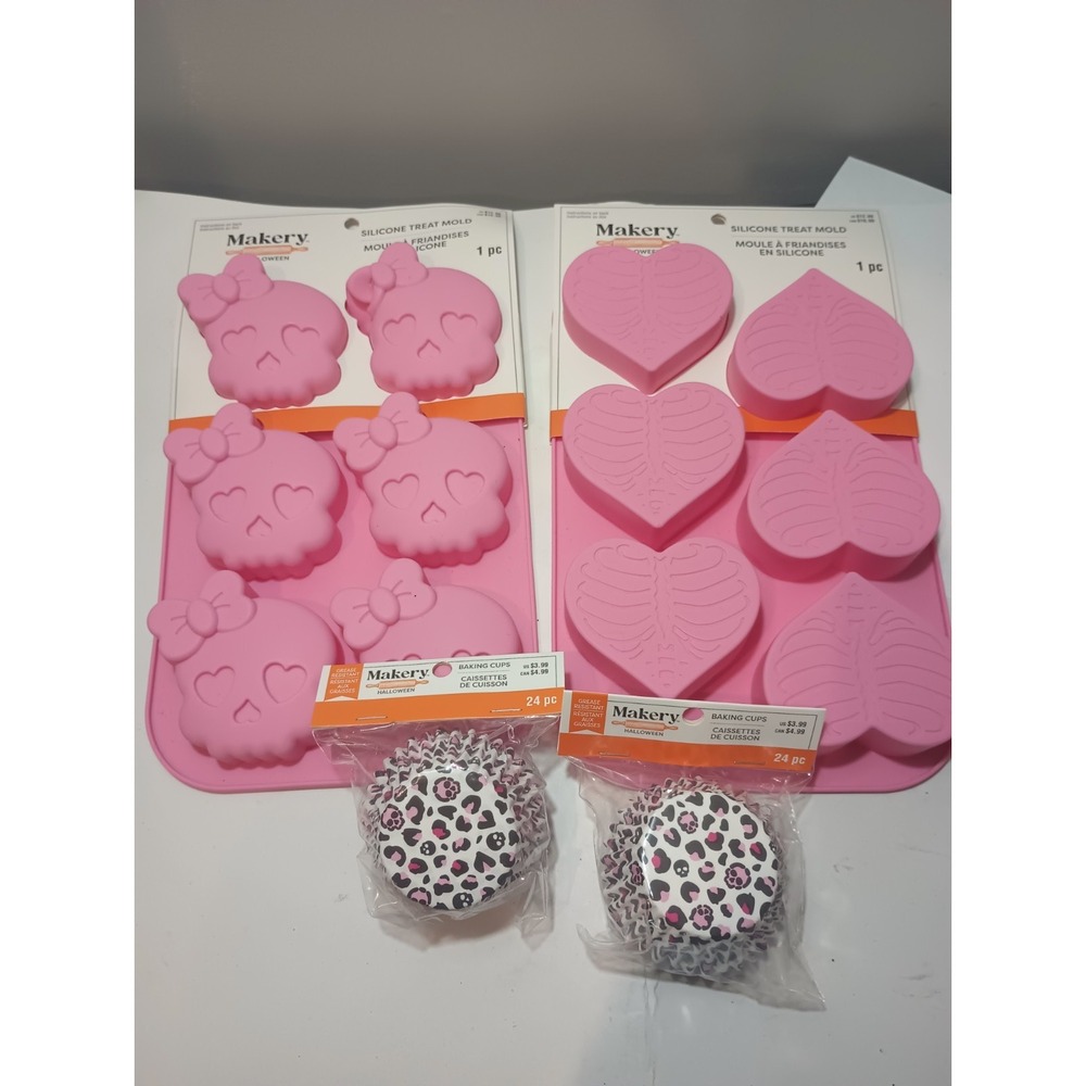Makery Pink Halloween Baking Lot 2 Silicone Molds Skulls Ribcage Hearts 48 Cups